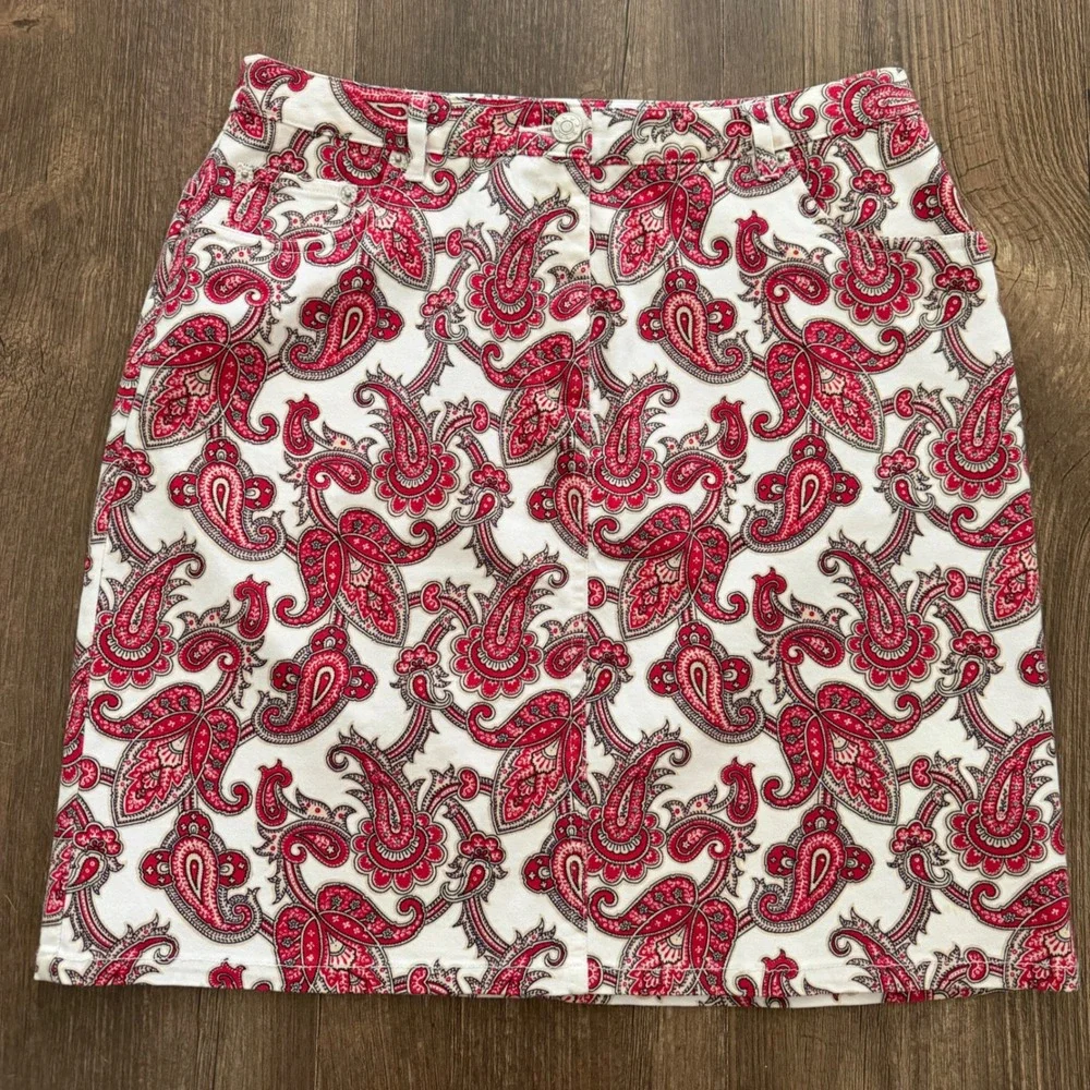 Statements by BT Mini Skirt Womens 8 Red White Paisley Denim 5-Pocket Cotton